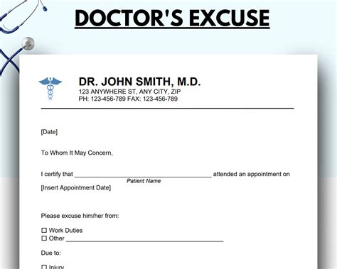Printable Doctors Excuse For Work